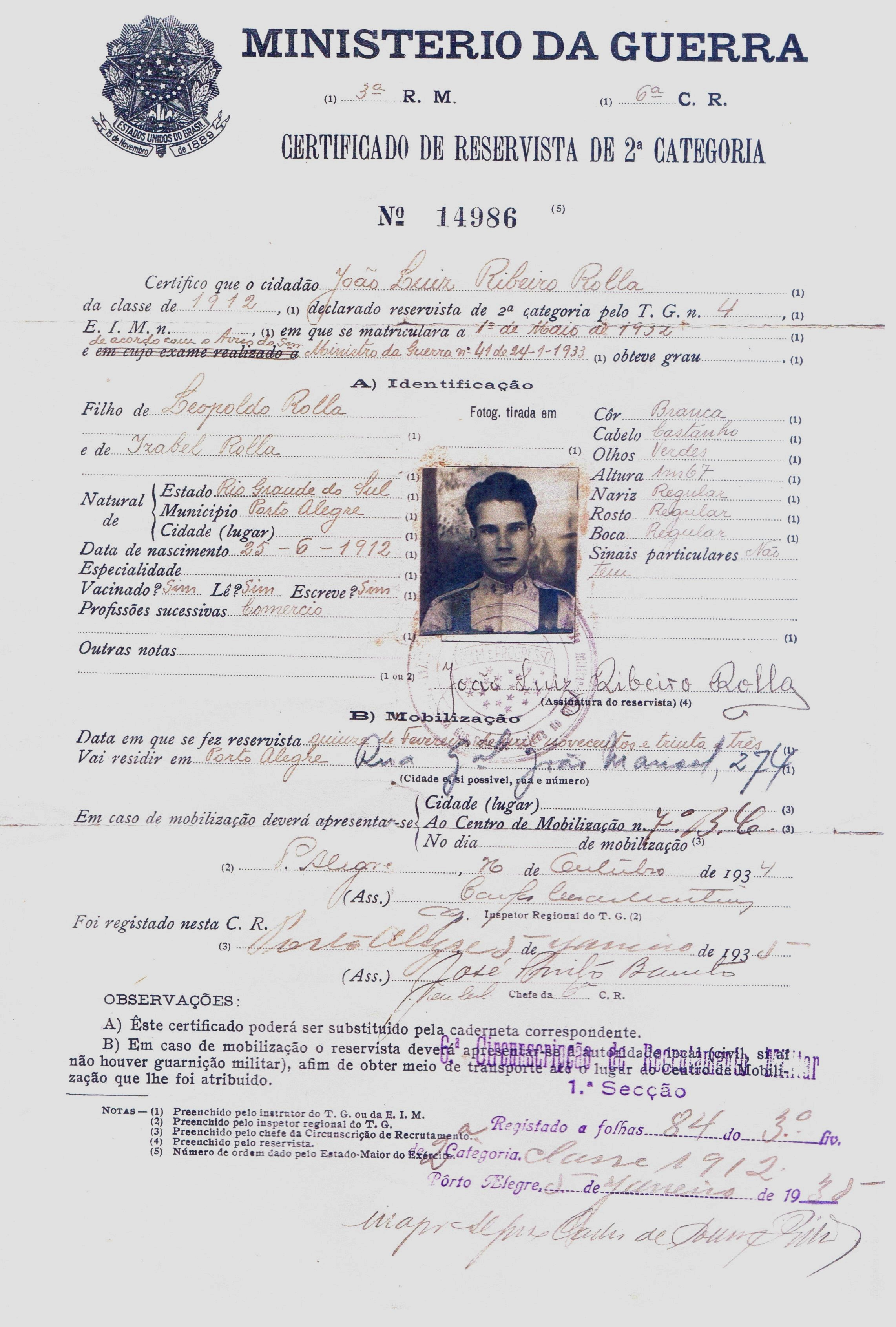 João Luiz Rolla, Certificado de Reservista João Luiz Rolla, Certificado de Reservista